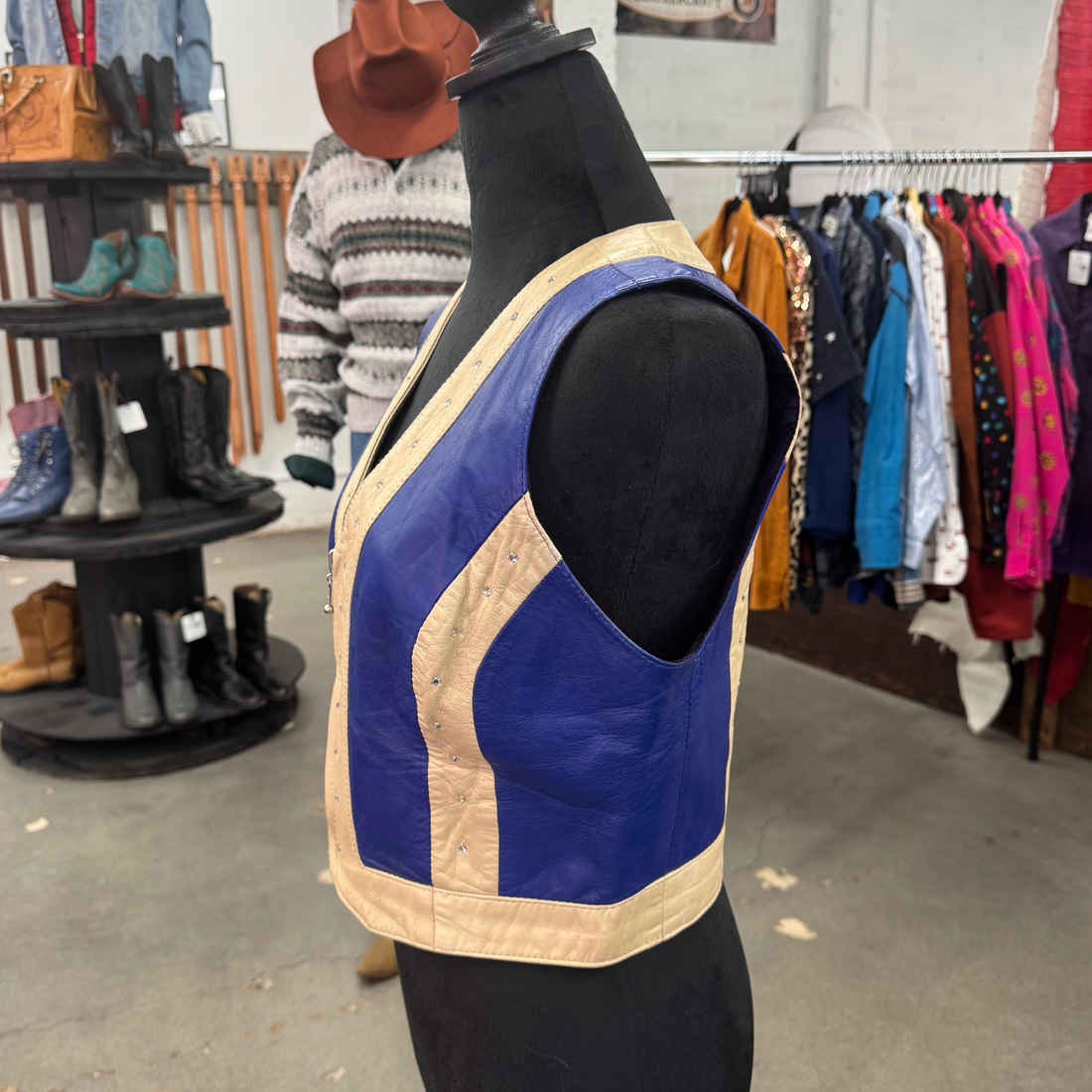 Leather & Rhinestone Blue Crop Vest