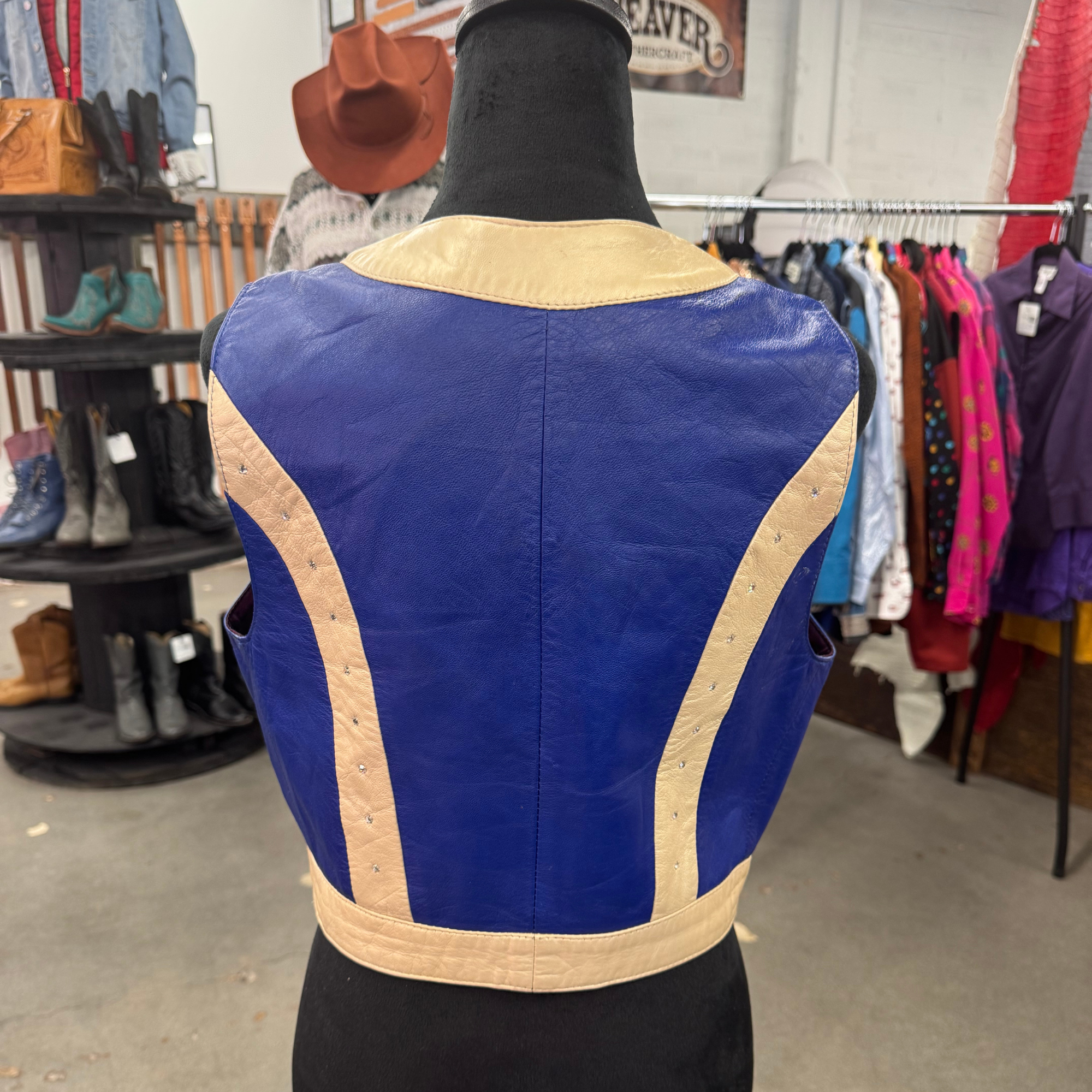 Leather & Rhinestone Blue Crop Vest