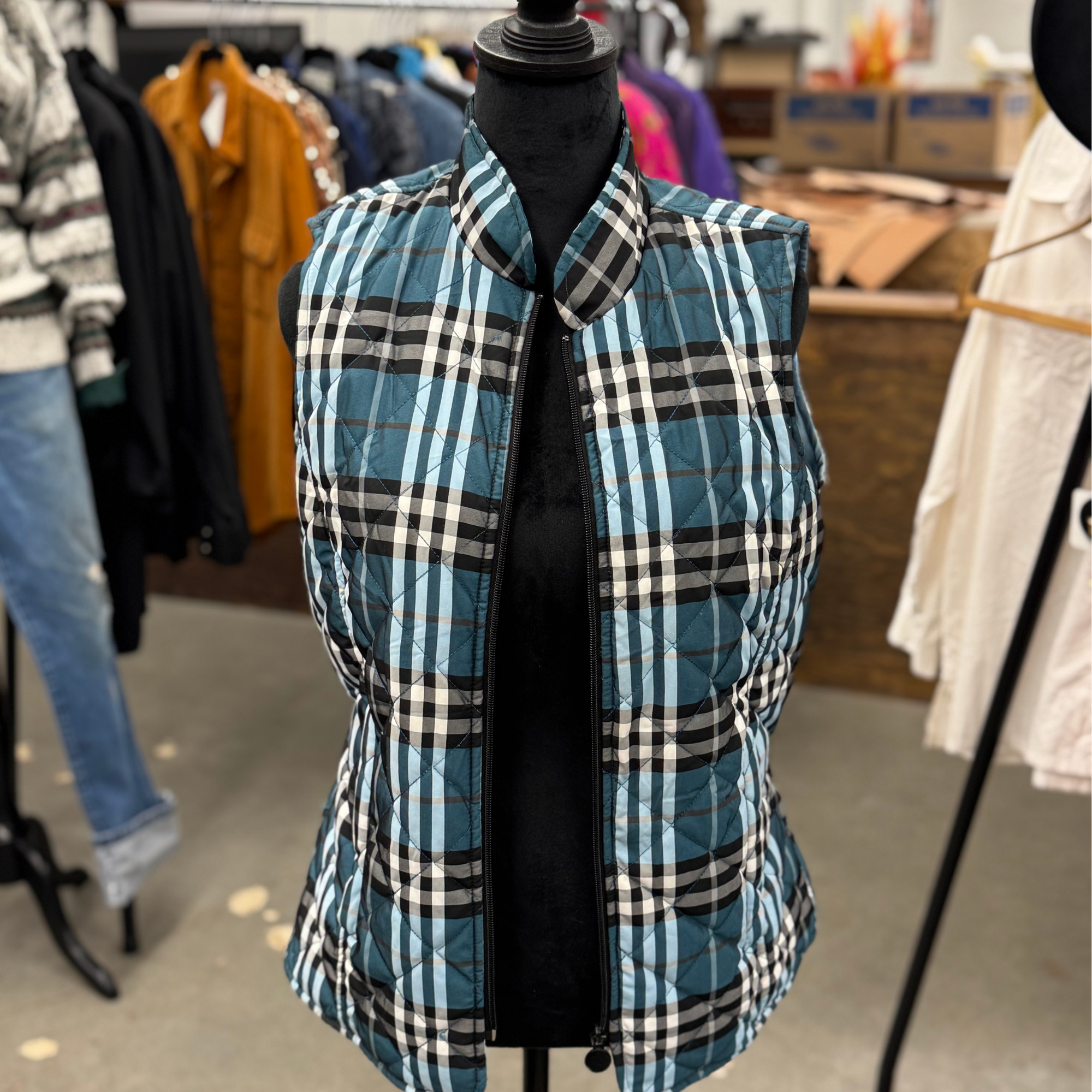 Outback Trading Co Plaid Blues/Black/White Quilted Vest