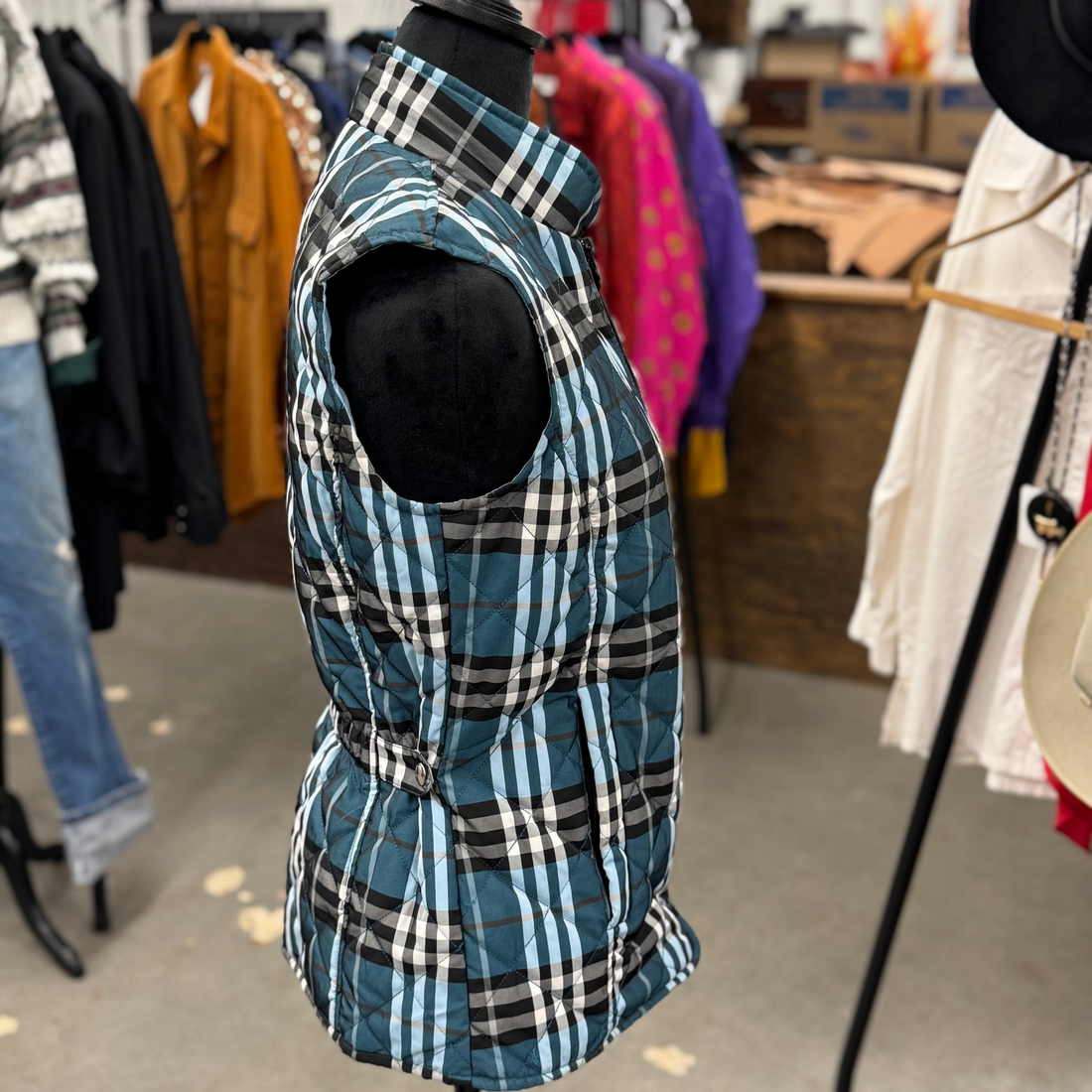 Outback Trading Co Plaid Blues/Black/White Quilted Vest