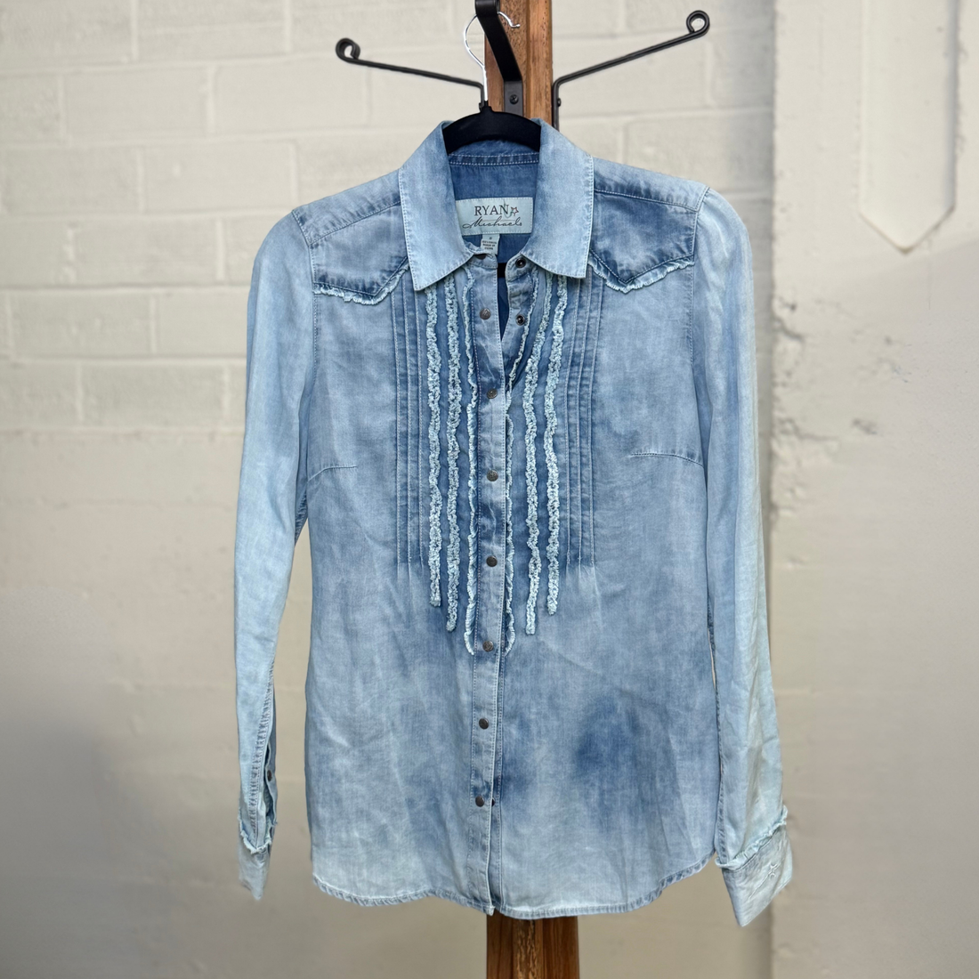 Ryan Michael Light Wash Western Shirt with Ruffle Detailing