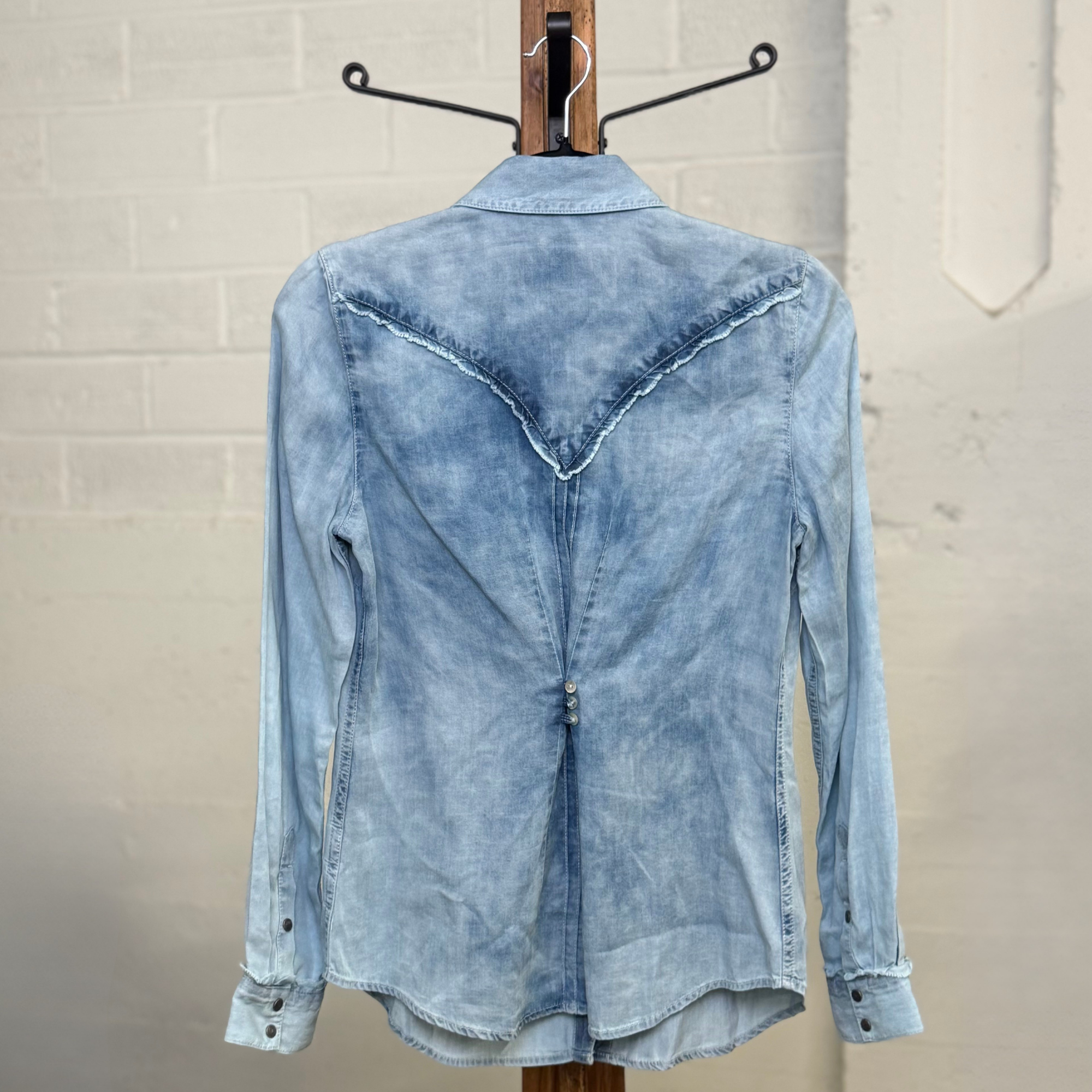Ryan Michael Light Wash Western Shirt with Ruffle Detailing
