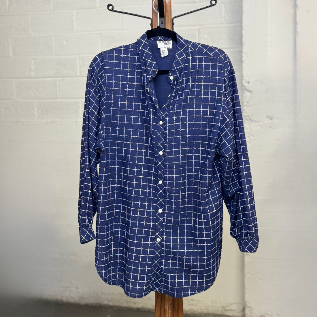 Vintage 1970s Brownstone Studio Navy Grid Blouse – Made in USA