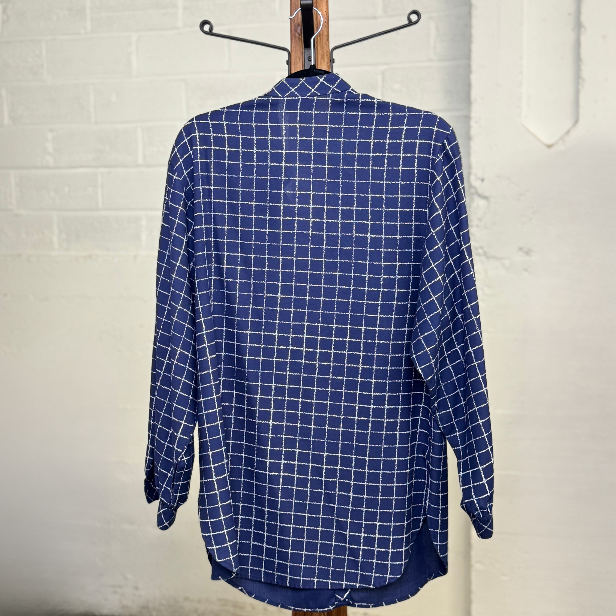 Vintage 1970s Brownstone Studio Navy Grid Blouse – Made in USA
