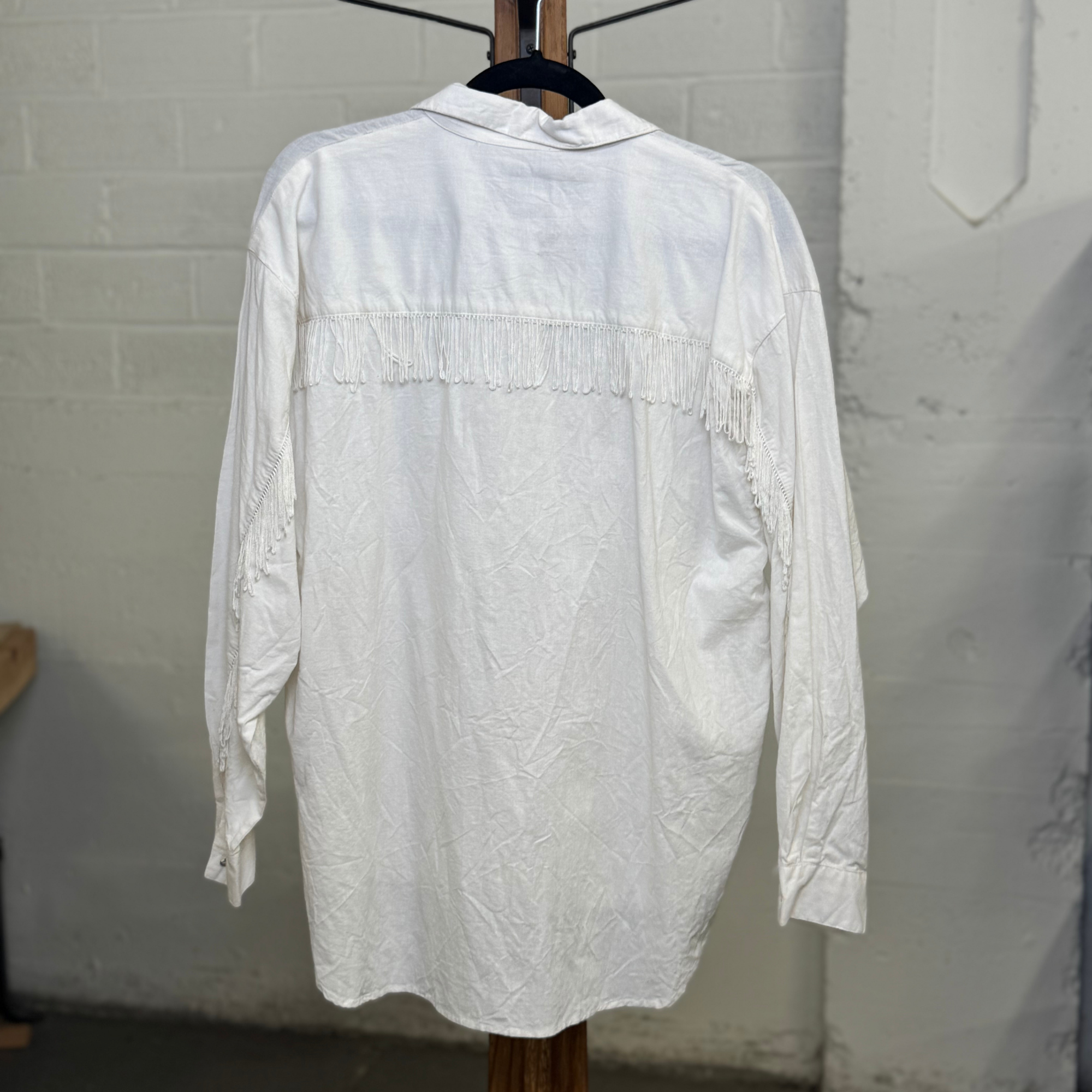 Vintage 1980s At Last White Western Fringe Shirt with Rhinestone Embellishments – 100% Cotton, Women&