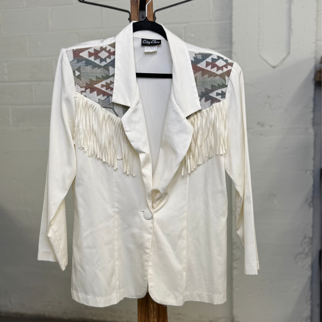 Vintage City Chic White Western Blazer with Fringe & Tribal Yoke- Made in USA- Large