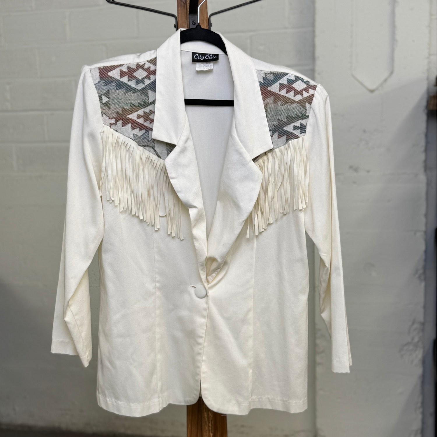 Vintage City Chic White Western Blazer with Fringe & Tribal Yoke- Made in USA- Large