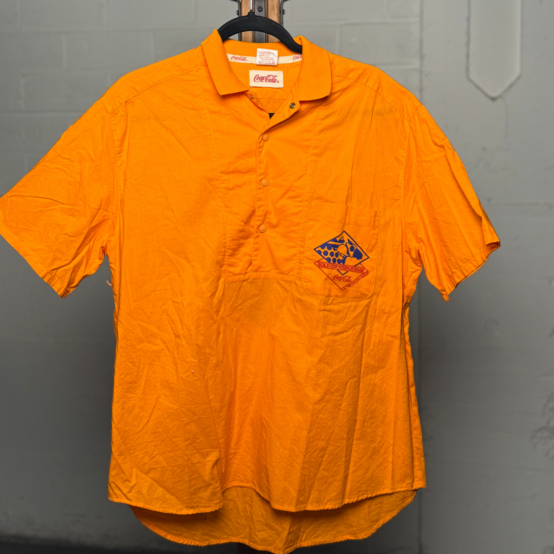 Vintage 1980s Coca-Cola Gold Cup Steeplechase Shirt - Orange Pop Art Polo Size Small