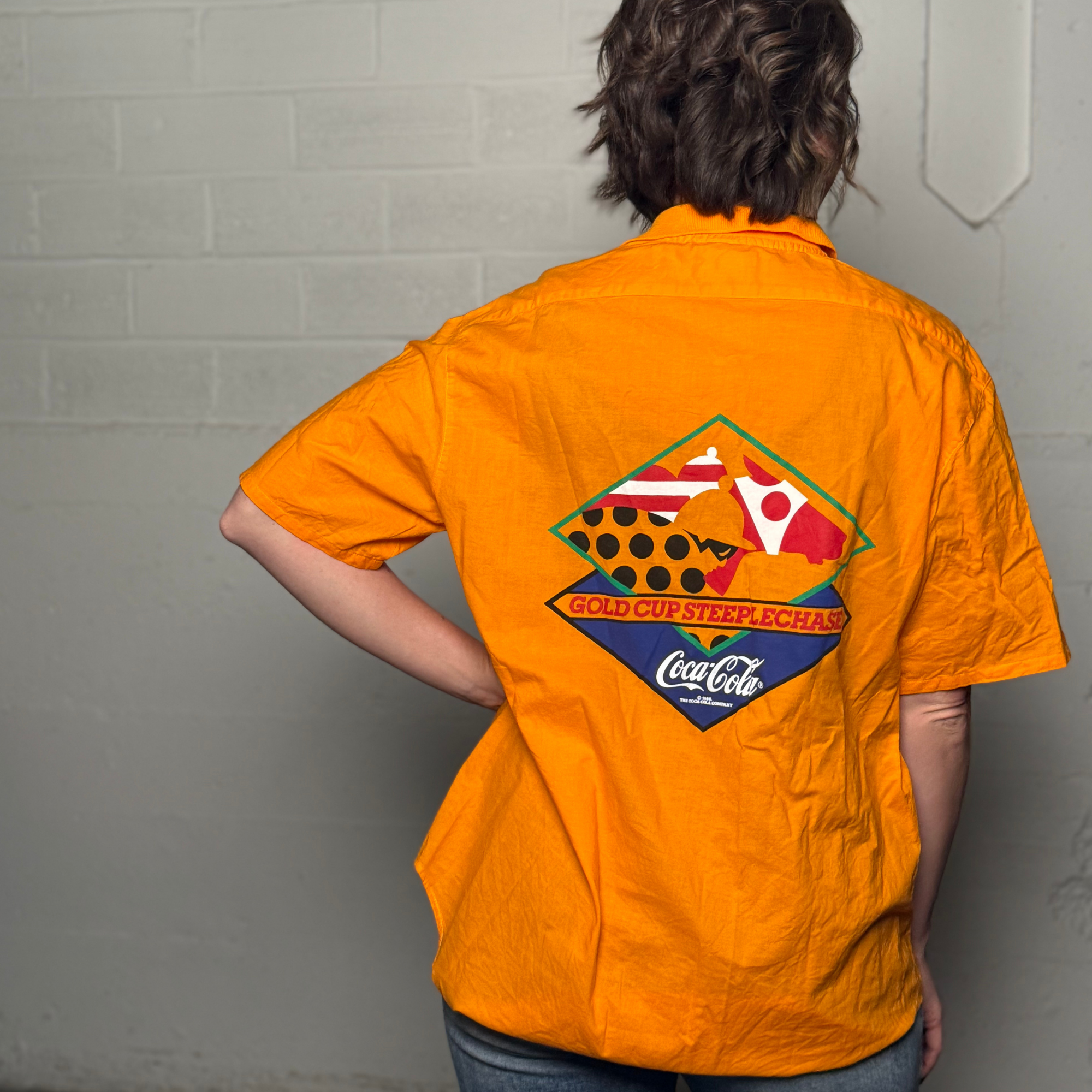 Vintage 1980s Coca-Cola Gold Cup Steeplechase Shirt - Orange Pop Art Polo Size Small