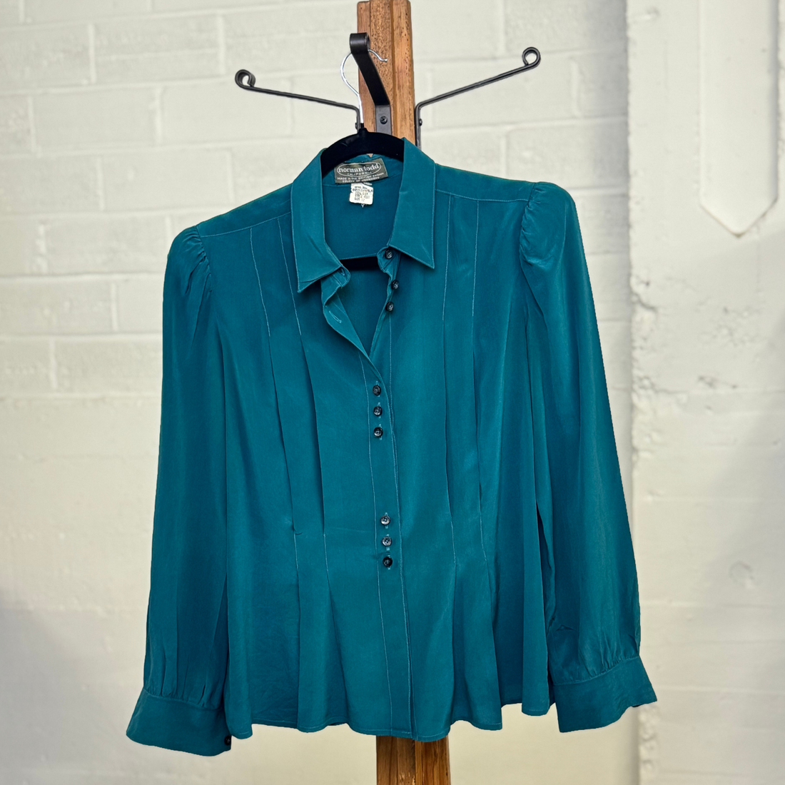 Vintage 1980s Norman Todd Teal 100% Silk Blouse