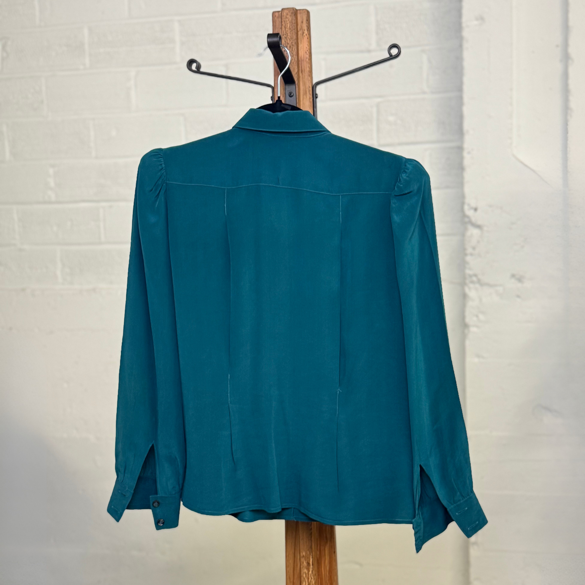 Vintage 1980s Norman Todd Teal 100% Silk Blouse