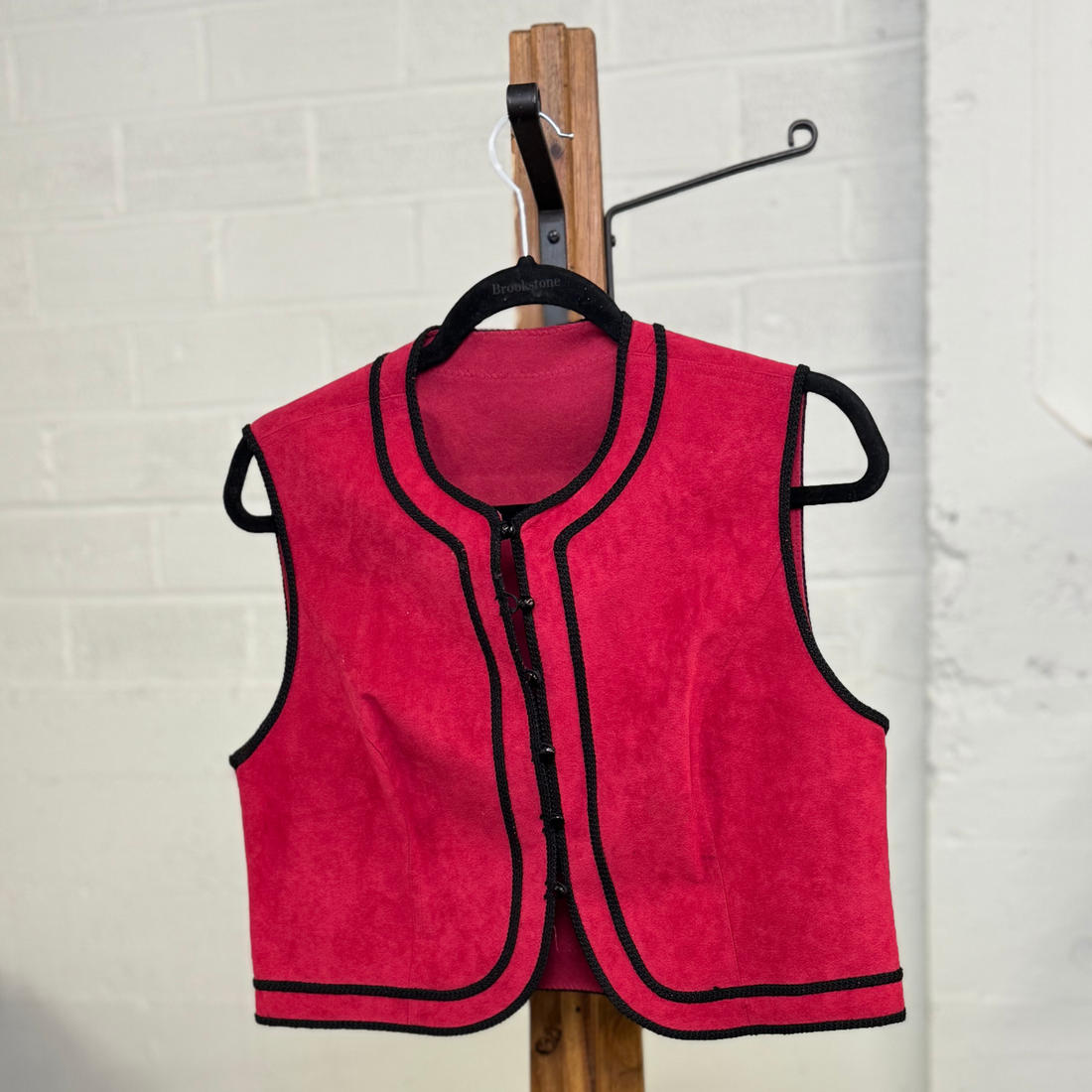 Vintage Red Faux Suede Vest with Black Trim