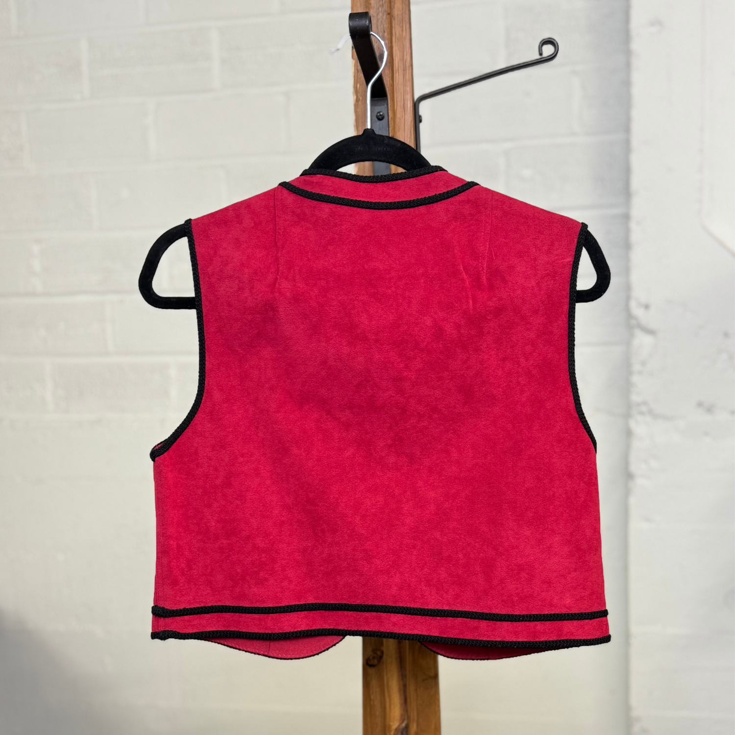 Vintage Red Faux Suede Vest with Black Trim