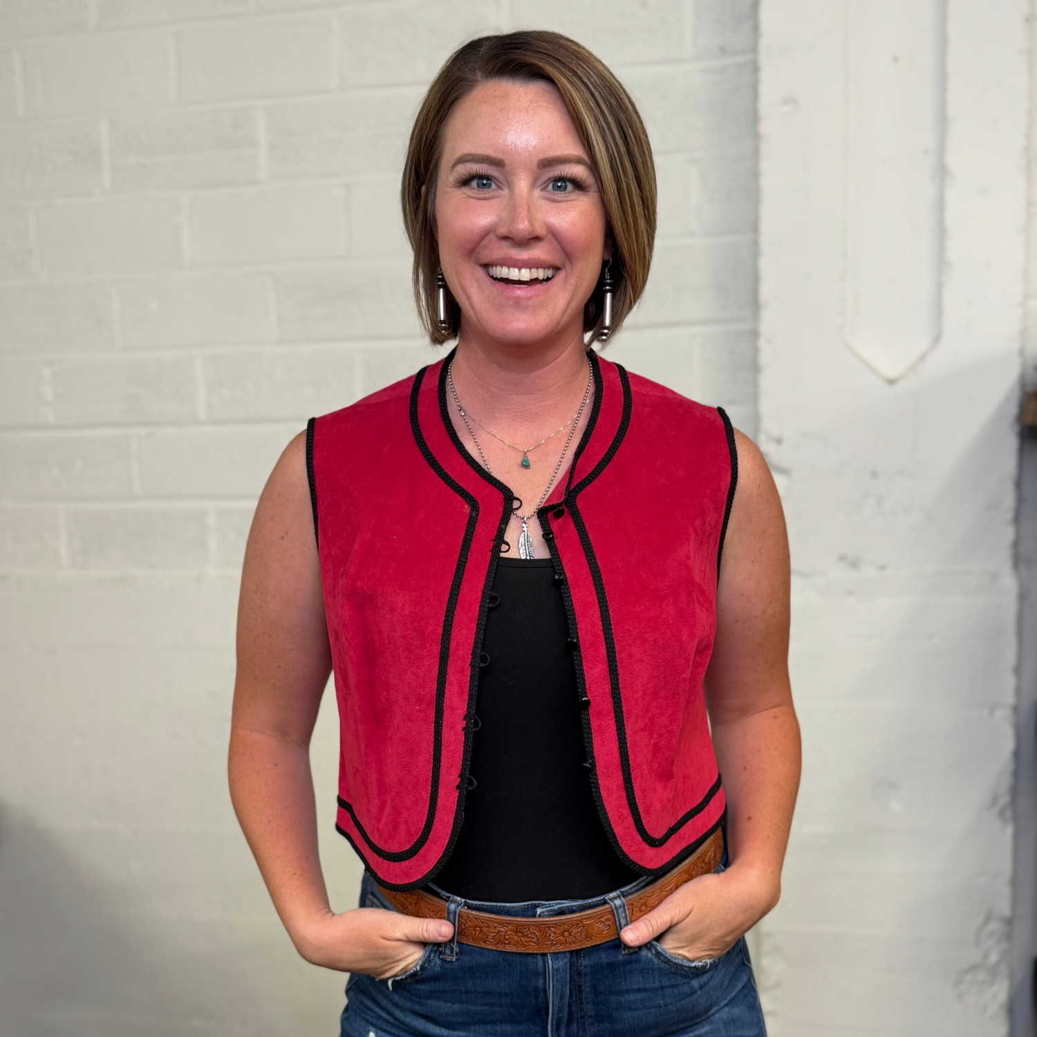 Vintage Red Faux Suede Vest with Black Trim