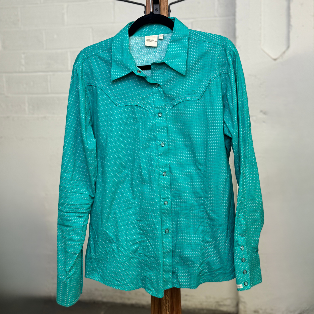 Vintage 1980s Rockies Teal Western Shirt – Pink Polka Dot