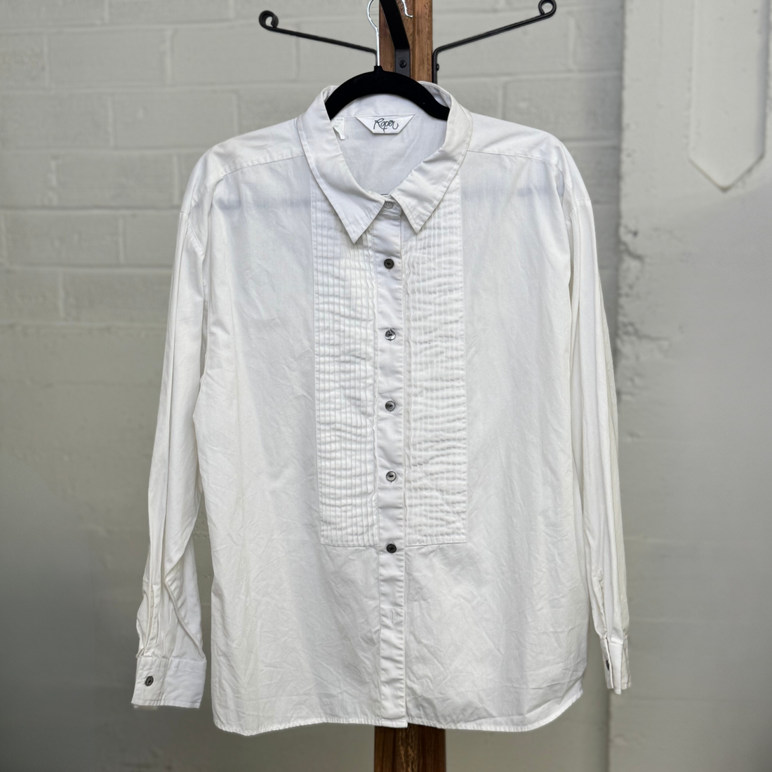 Vintage 1980s Roper White Tuxedo Western Shirt - Pearl Snaps, Pleated Bib Front (XL)