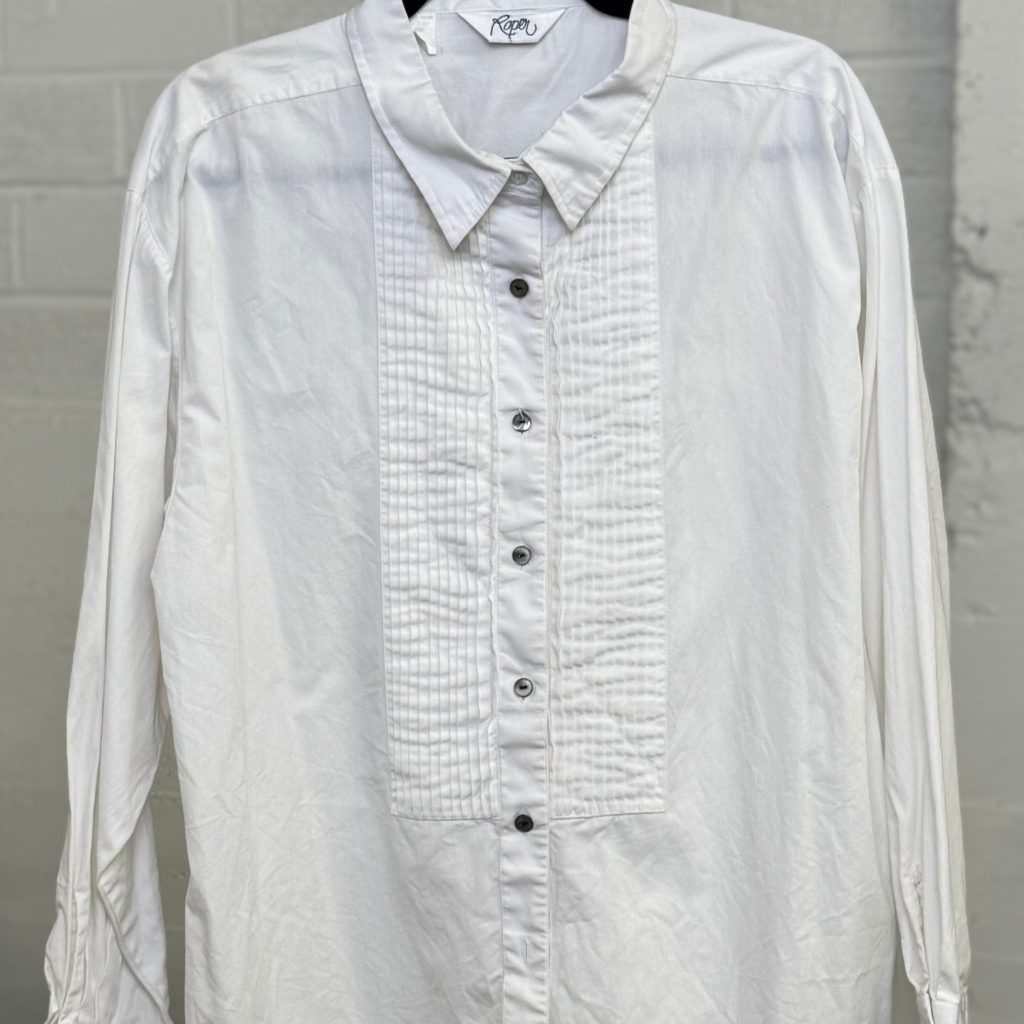 Vintage 1980s Roper White Tuxedo Western Shirt - Pearl Snaps, Pleated Bib Front (XL)