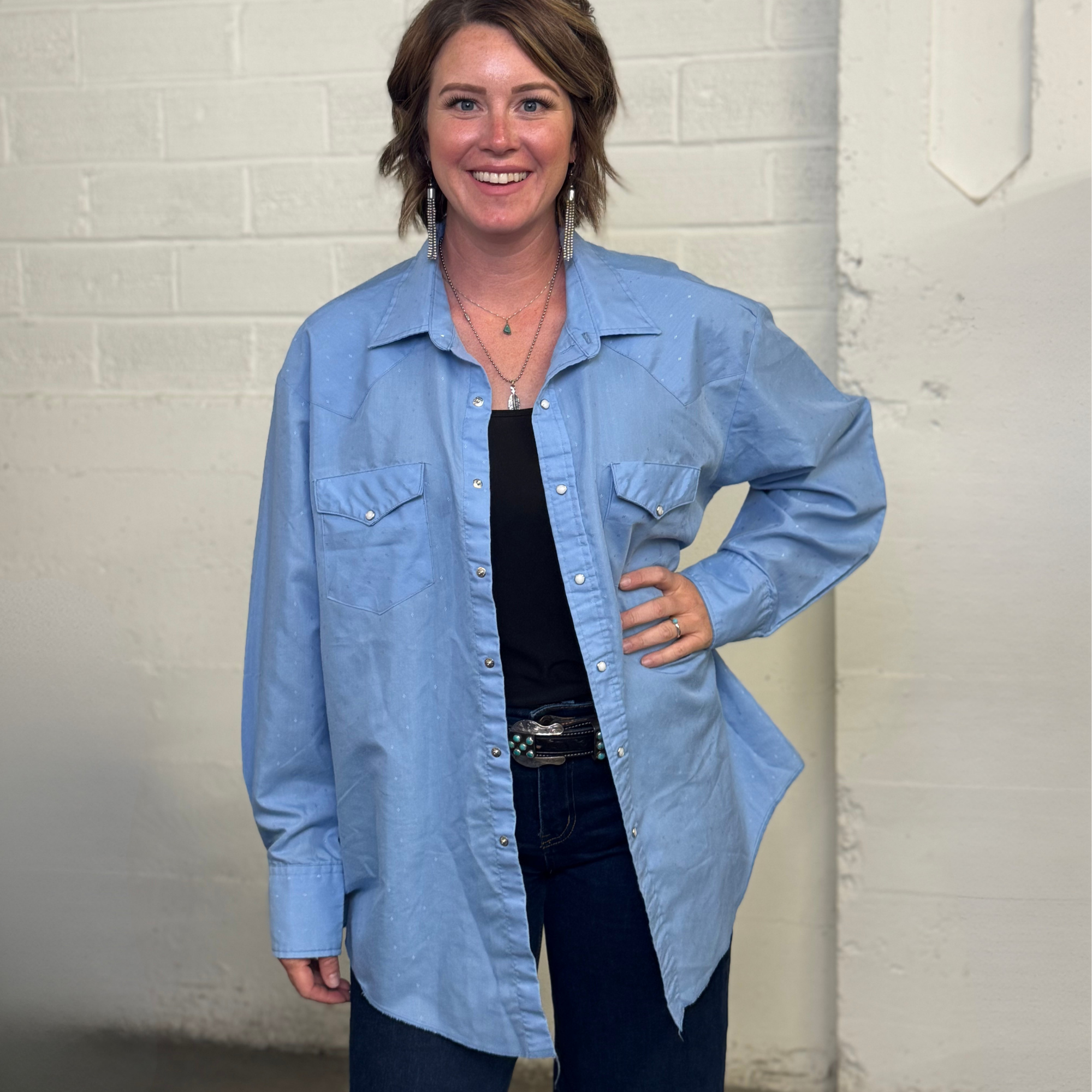 Vintage 1980s Saddlebrook Light Blue Western Pearl Snap Shirt - Made in USA - XL