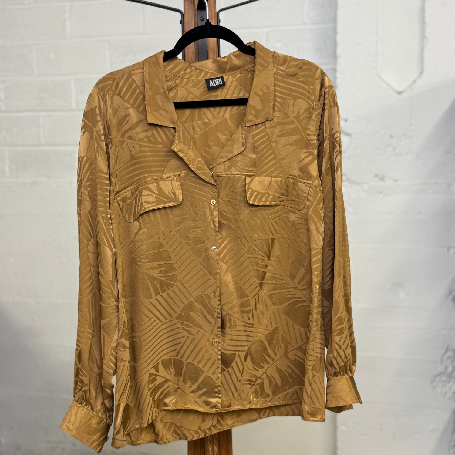 Vintage  ADRI Golden Leaf Print Satin Blouse