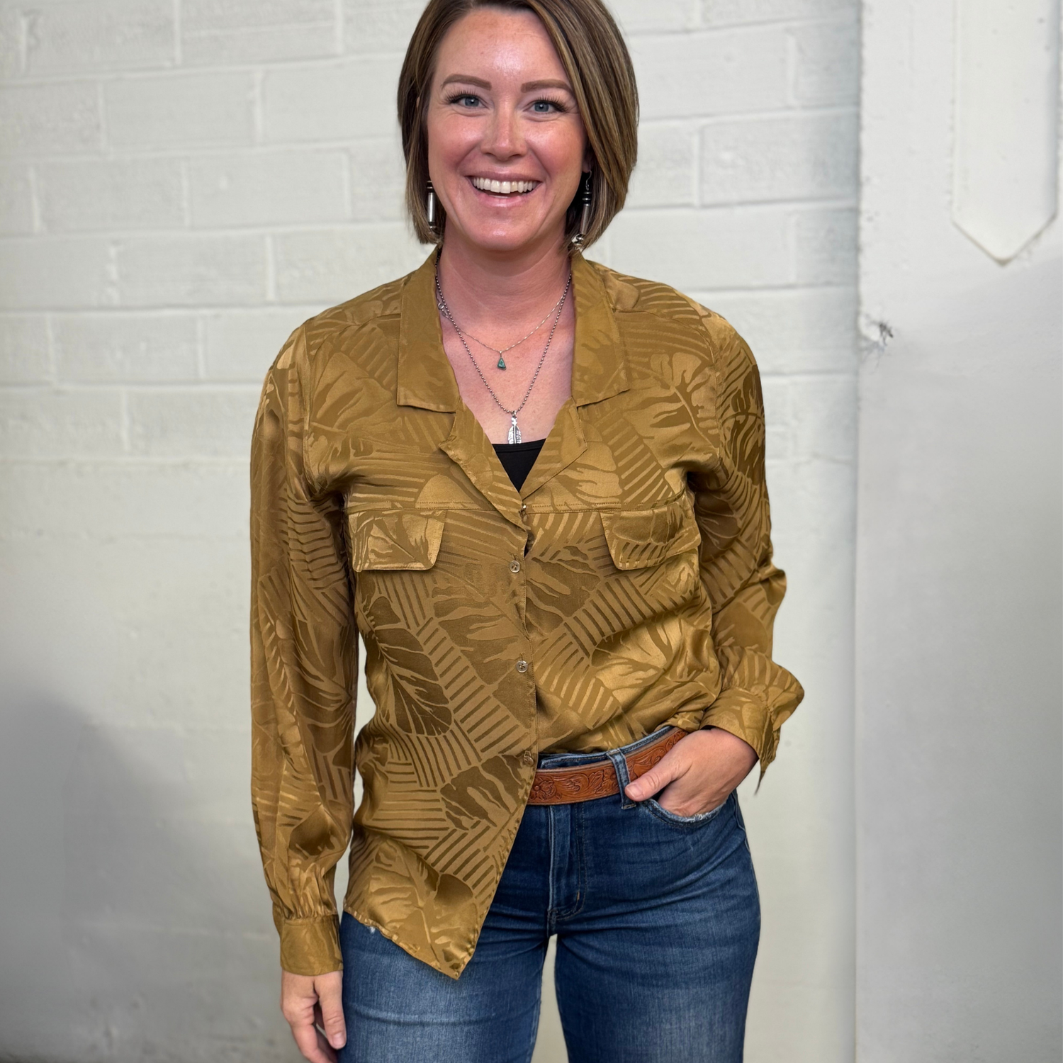 Vintage  ADRI Golden Leaf Print Satin Blouse