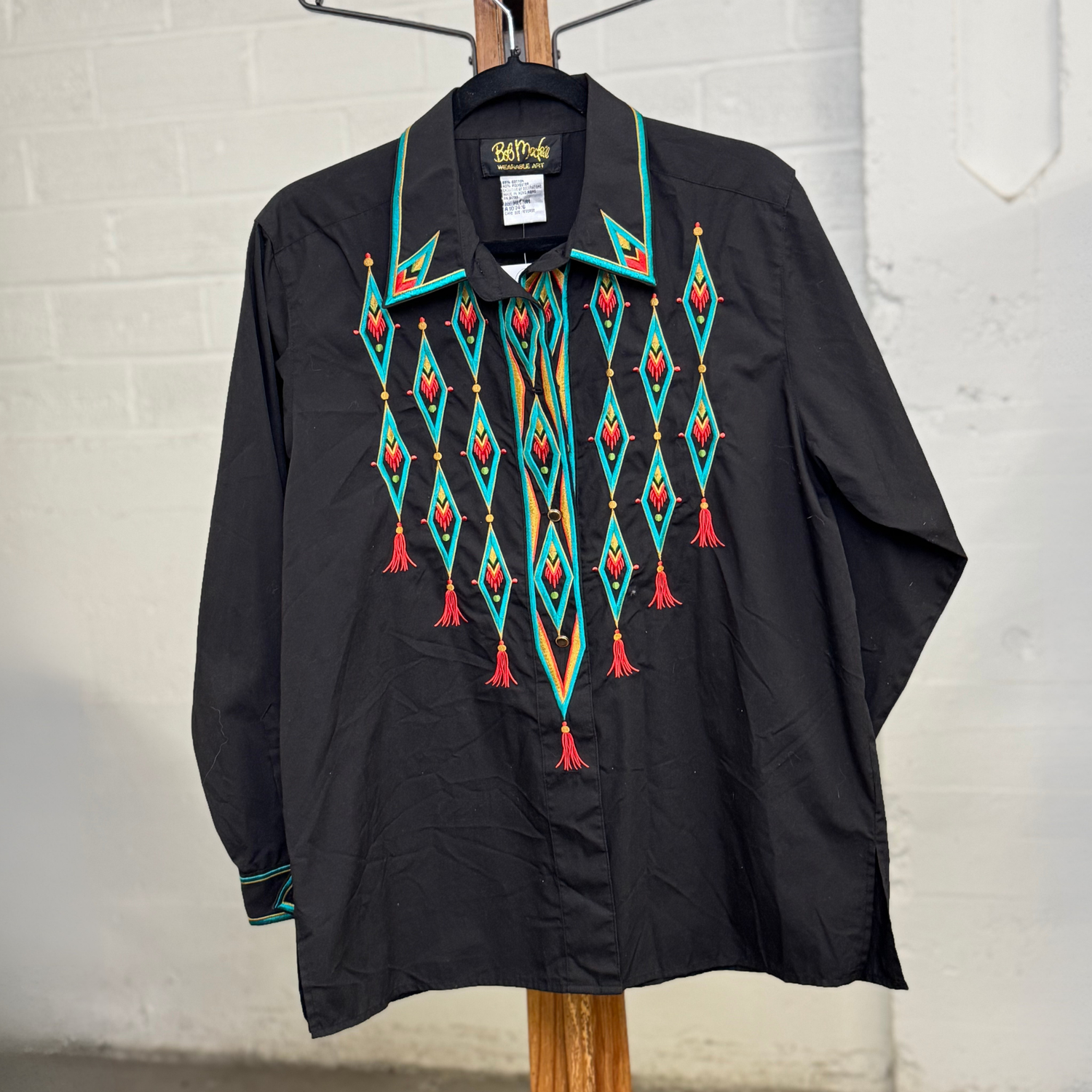 Vintage Bob Mackie Wearable Art Black Western Shirt with Bold Diamond Embroidery – Size M