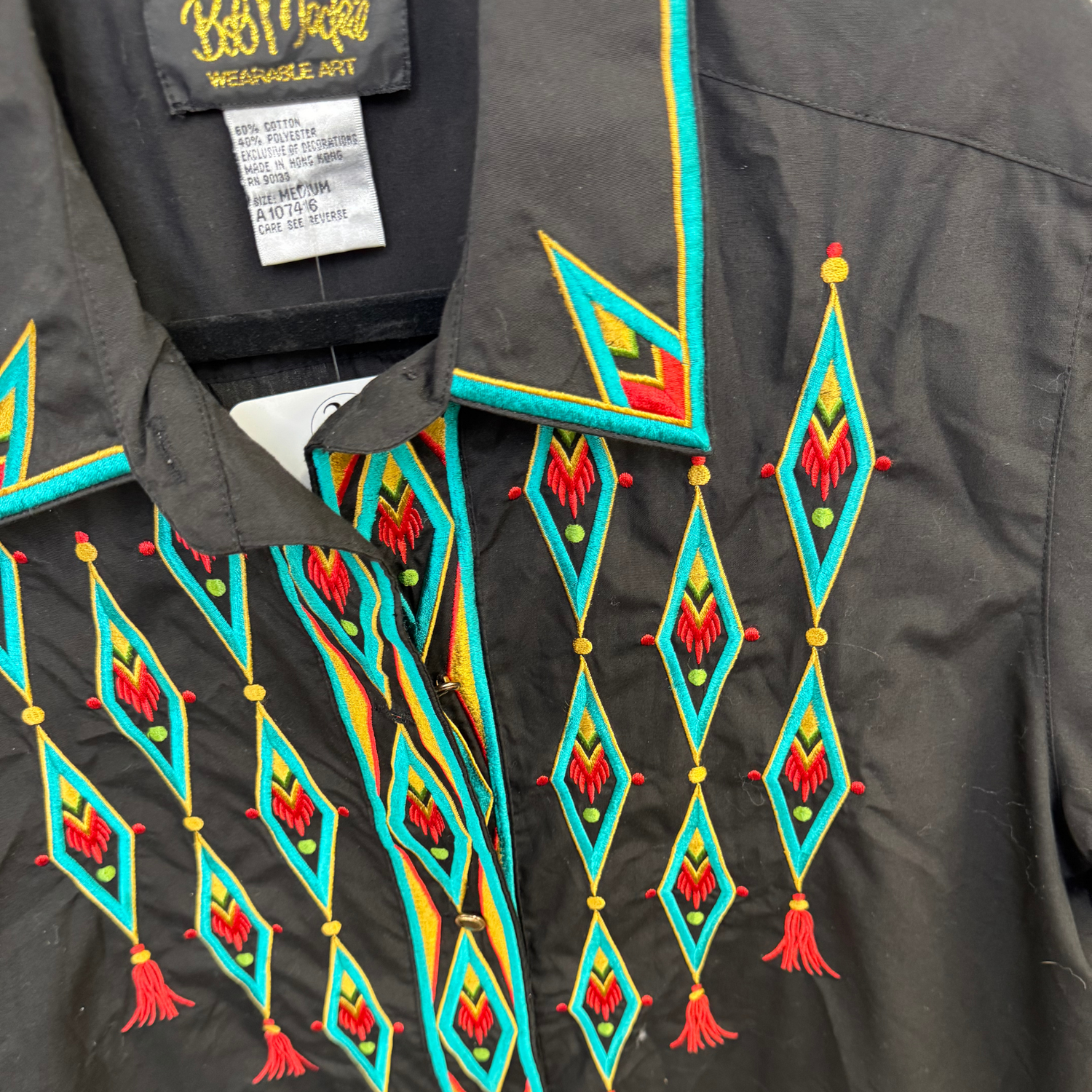 Vintage Bob Mackie Wearable Art Black Western Shirt with Bold Diamond Embroidery – Size M