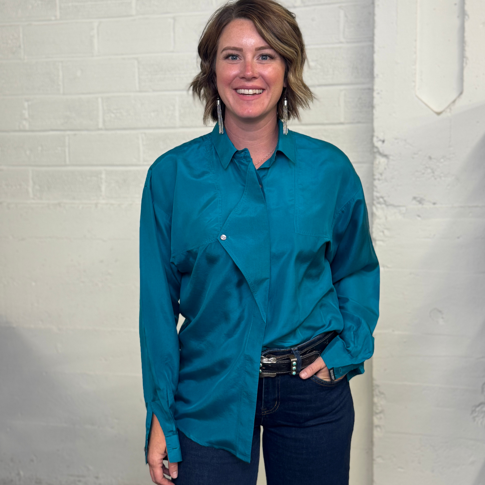 Vintage 1990s Rockies Turquoise 100% Silk Button Down Shirt