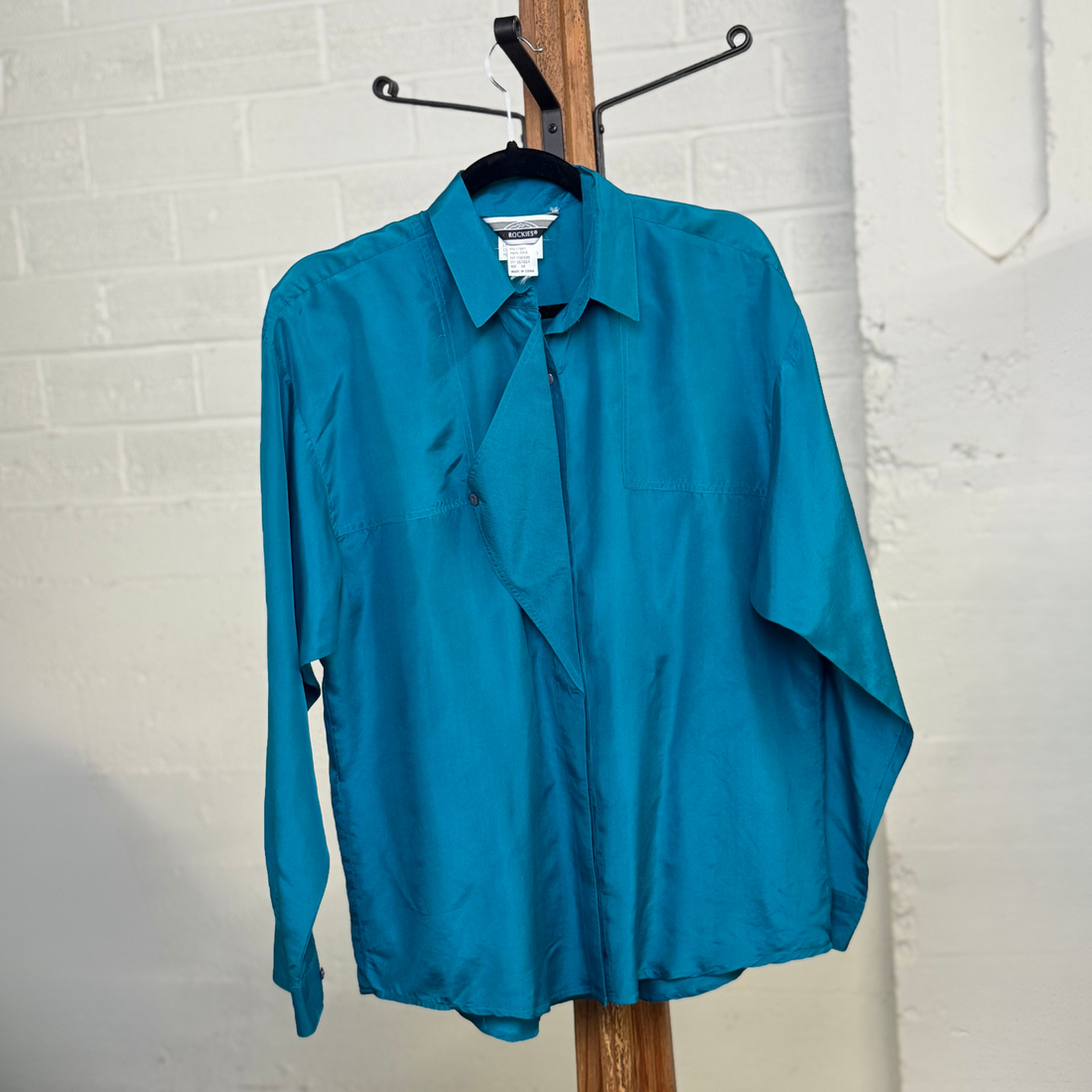 Vintage 1990s Rockies Turquoise 100% Silk Button Down Shirt