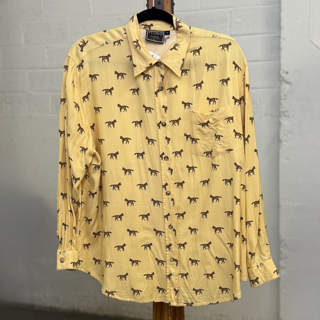 Vintage Studio West Pale Yellow Horse Print Button Down Shirt