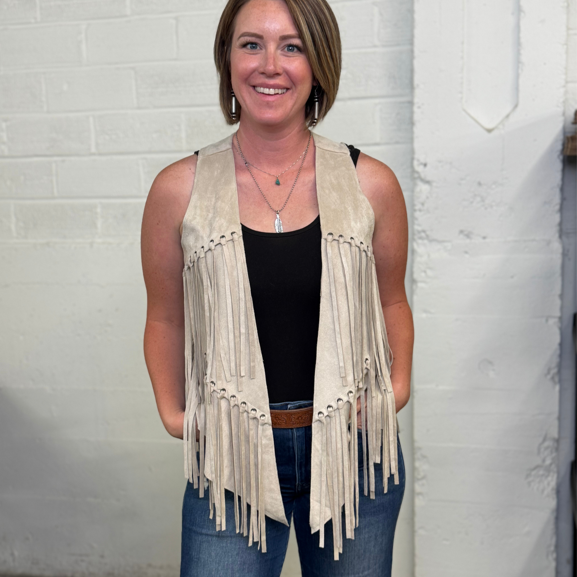 Vintage Vocal Beige Fringe Vest - Small