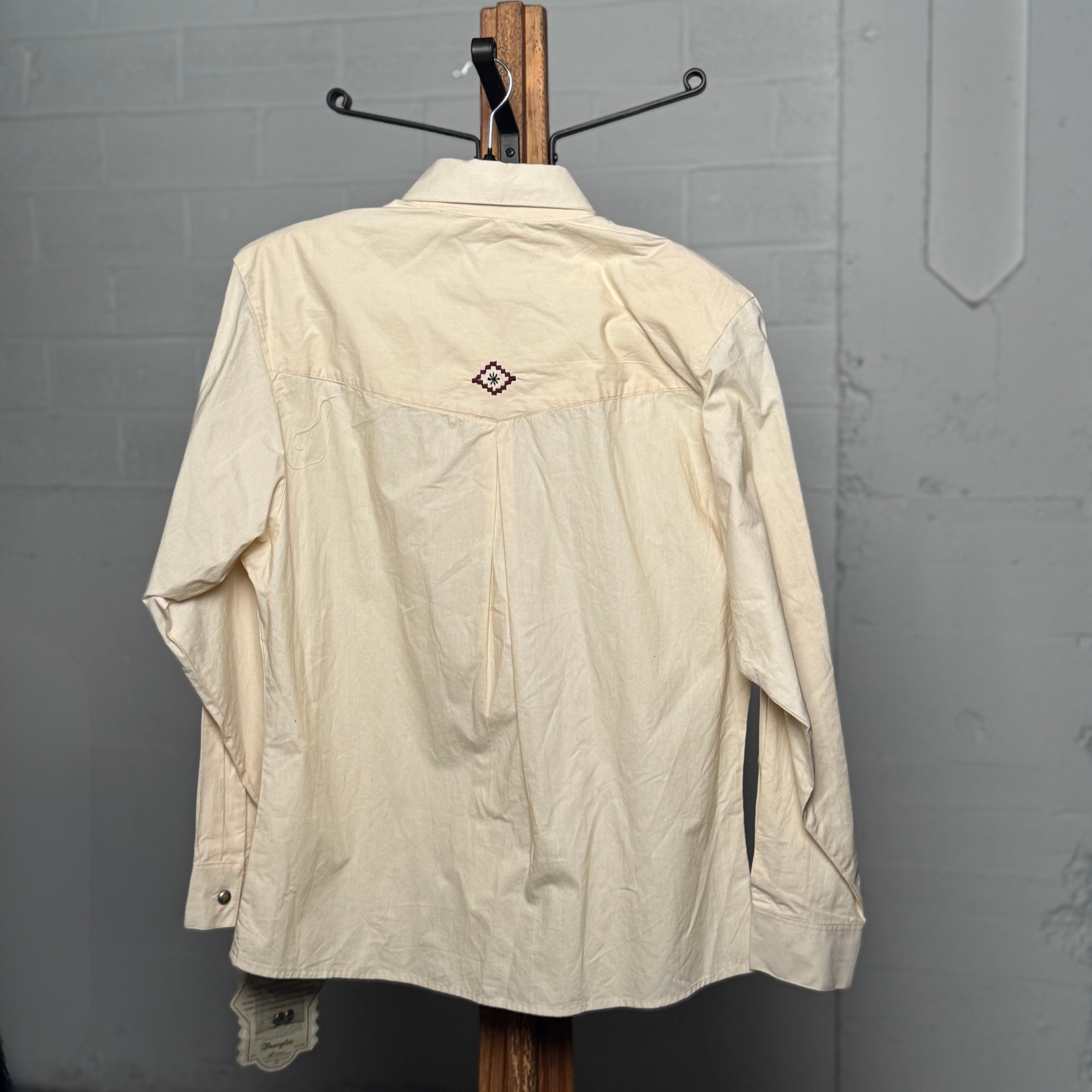 Vintage 1990s Wrangler 100% Cotton, Silver Lake Cream Western Shirt with Southwestern Trim – Size L