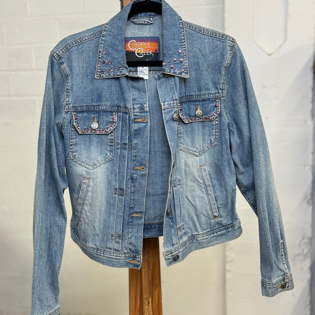 Vintage Cripple Creek Rhinestone Studded Light Wash Denim Jacket