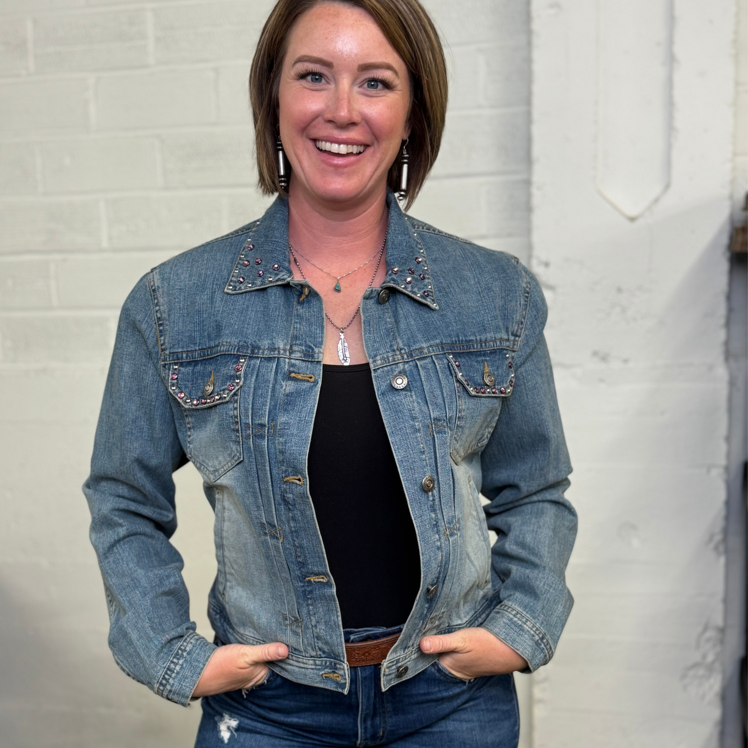 Vintage Cripple Creek Rhinestone Studded Light Wash Denim Jacket