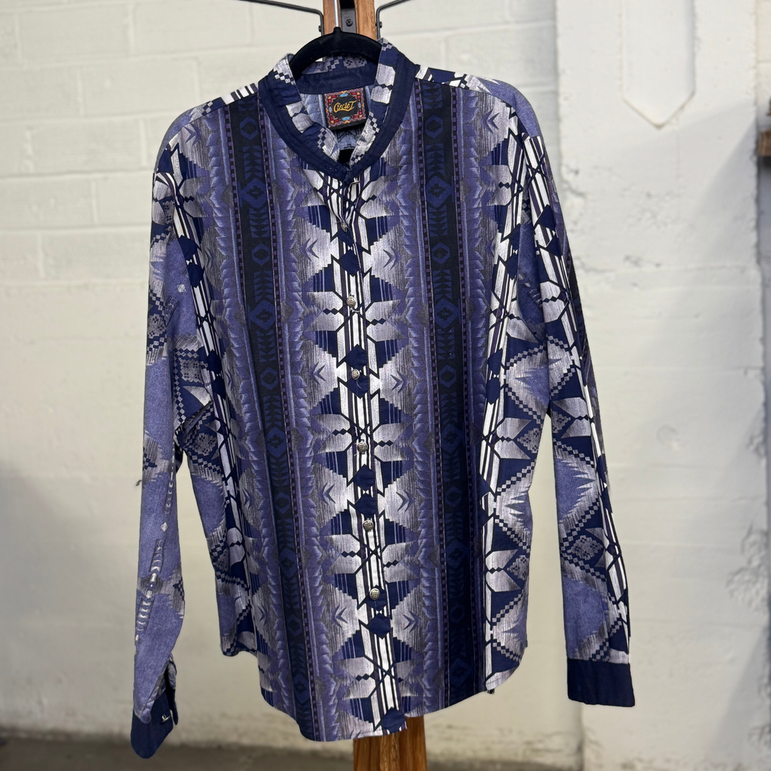 Vintage 90s Circle T Western Shirt – Bold Purple Aztec Pattern with Band Collar, Made In USA,