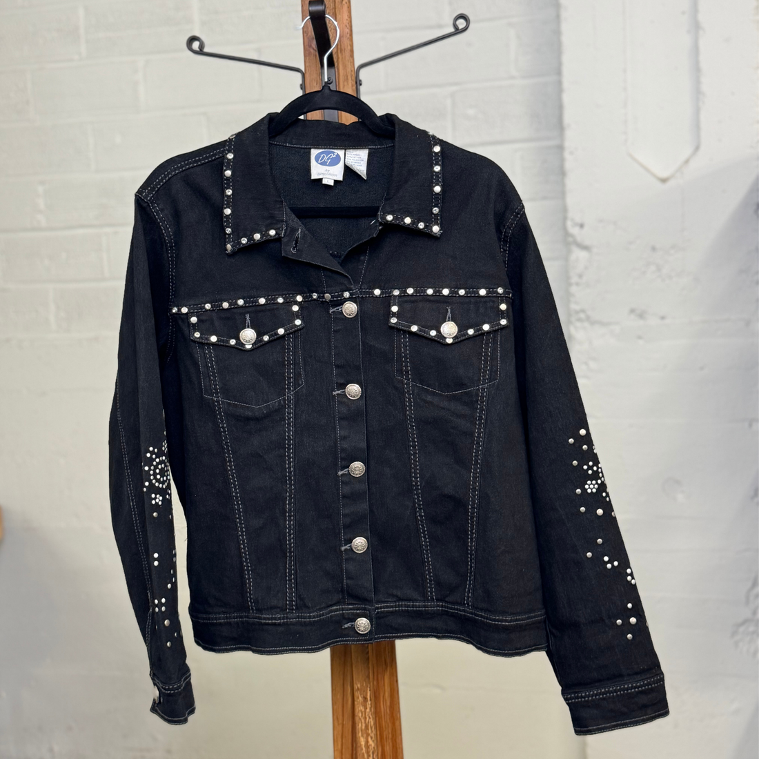 Vintage DG2 Studded Black Denim Jacket – Western Glam Rocker Style, Size L