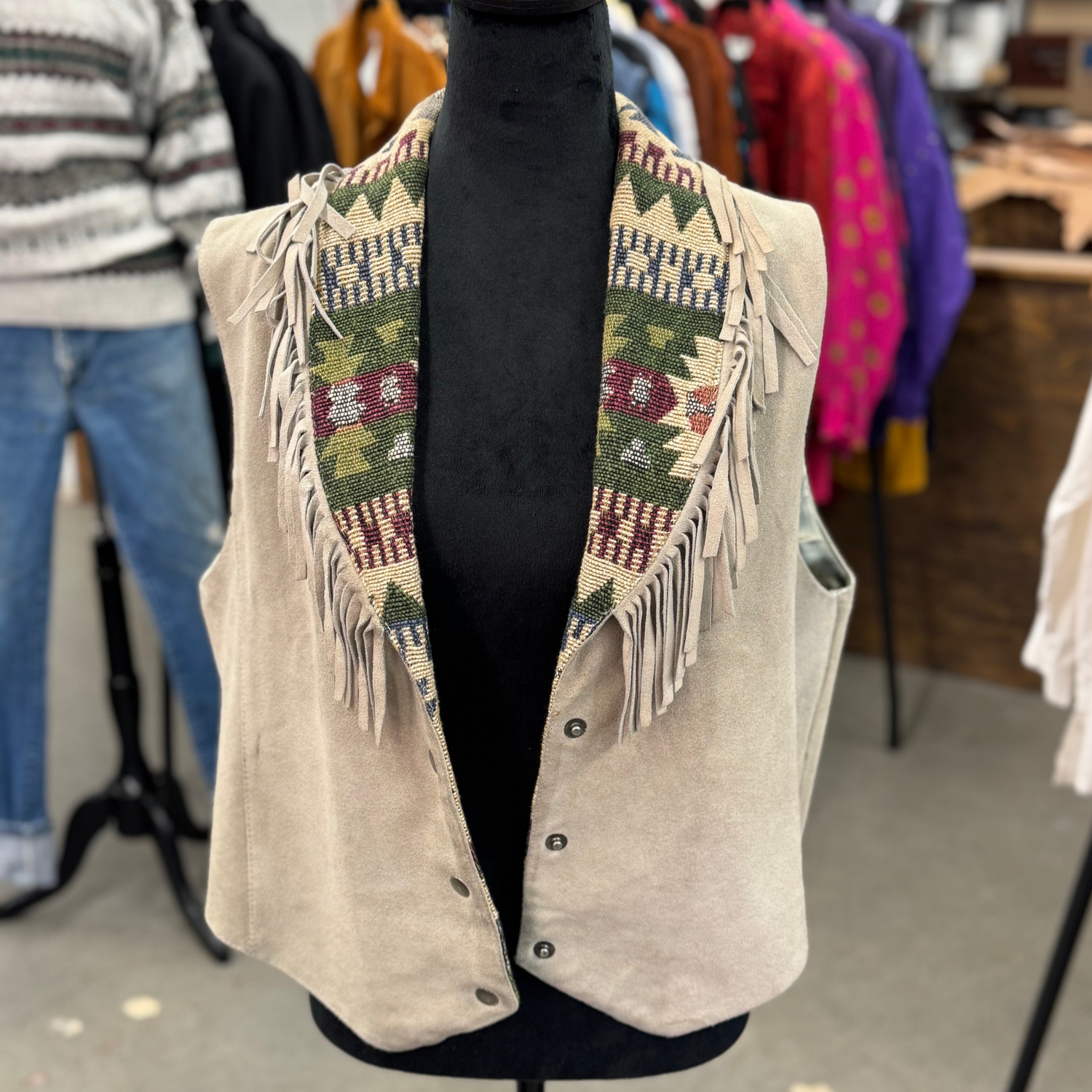 Vintage 90s Fringe Needlepoint Collar Taupe Vest
