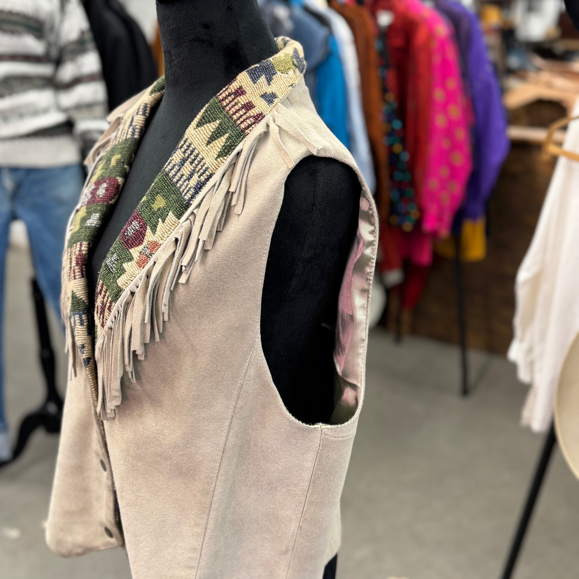 Vintage 90s Fringe Needlepoint Collar Taupe Vest