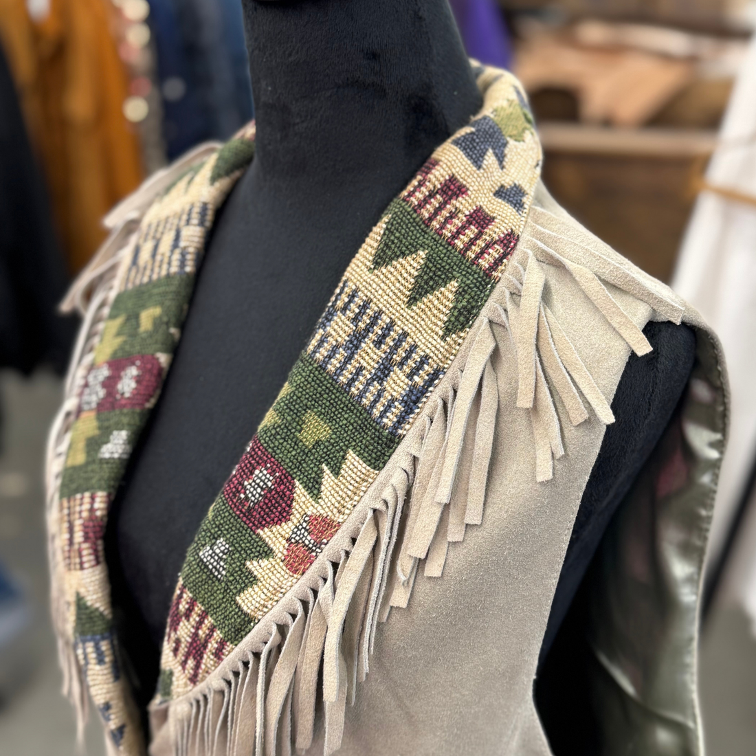 Vintage 90s Fringe Needlepoint Collar Taupe Vest