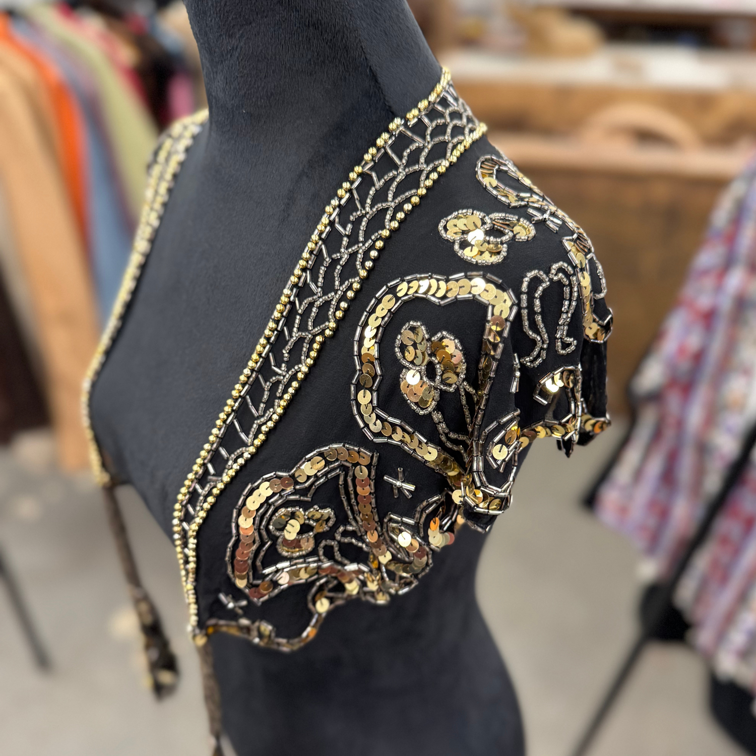 Vintage Black & Gold Beaded Shawl