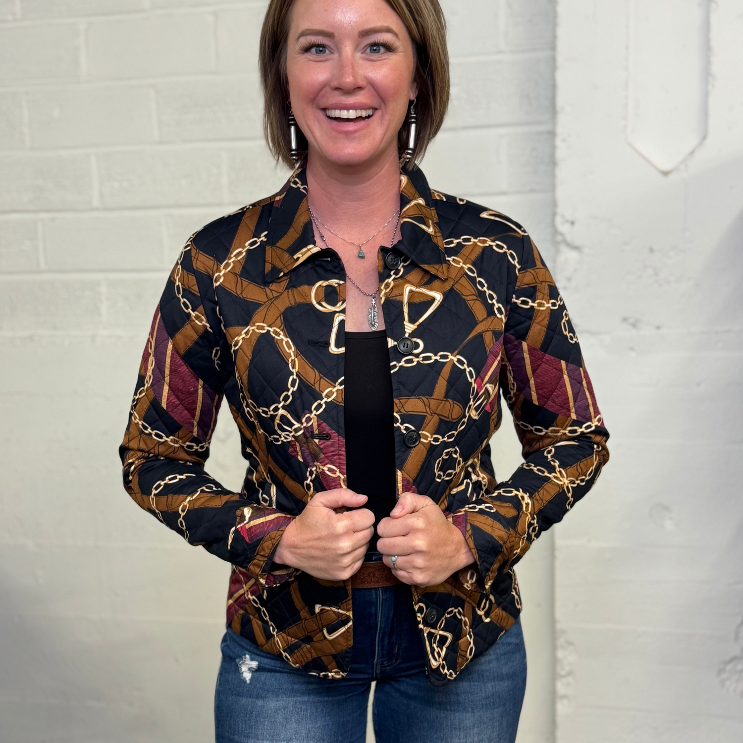 Vintage Charter Club Quilted Equestrian Chain Print Jacket – Small