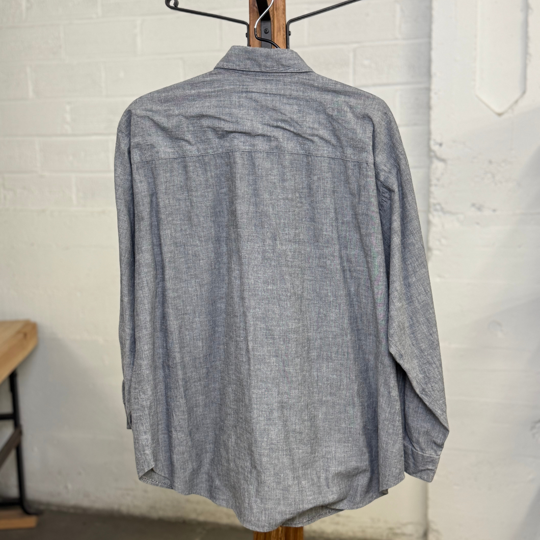 Vintage Circle T Gray Chambray Western Shirt – Black Shimmer Lace & Fringe, Made In USA