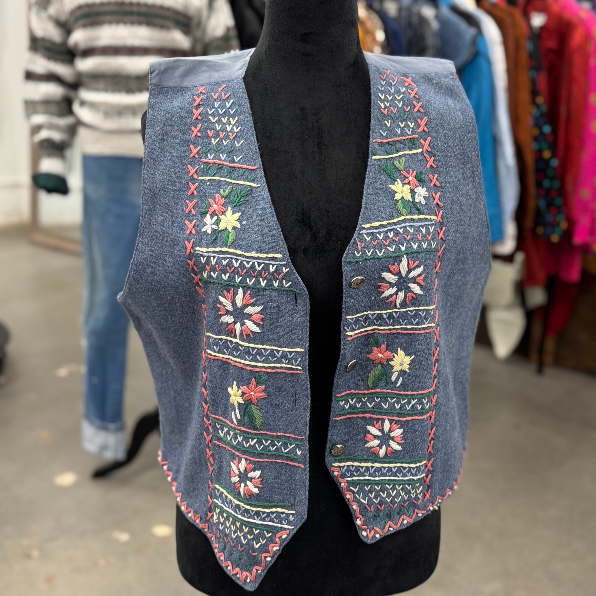Vintage Erika Classics Embroidered Denim Blue Vest