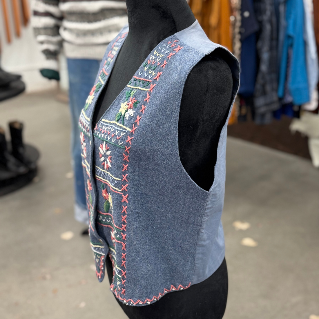 Vintage Erika Classics Embroidered Denim Blue Vest