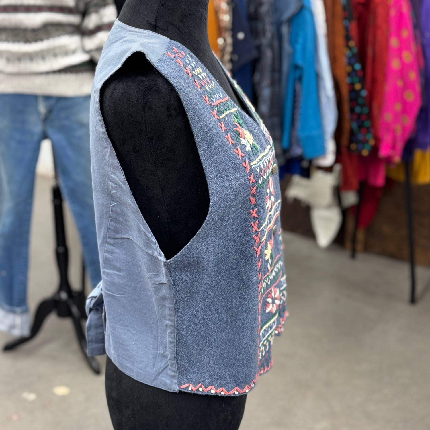 Vintage Erika Classics Embroidered Denim Blue Vest