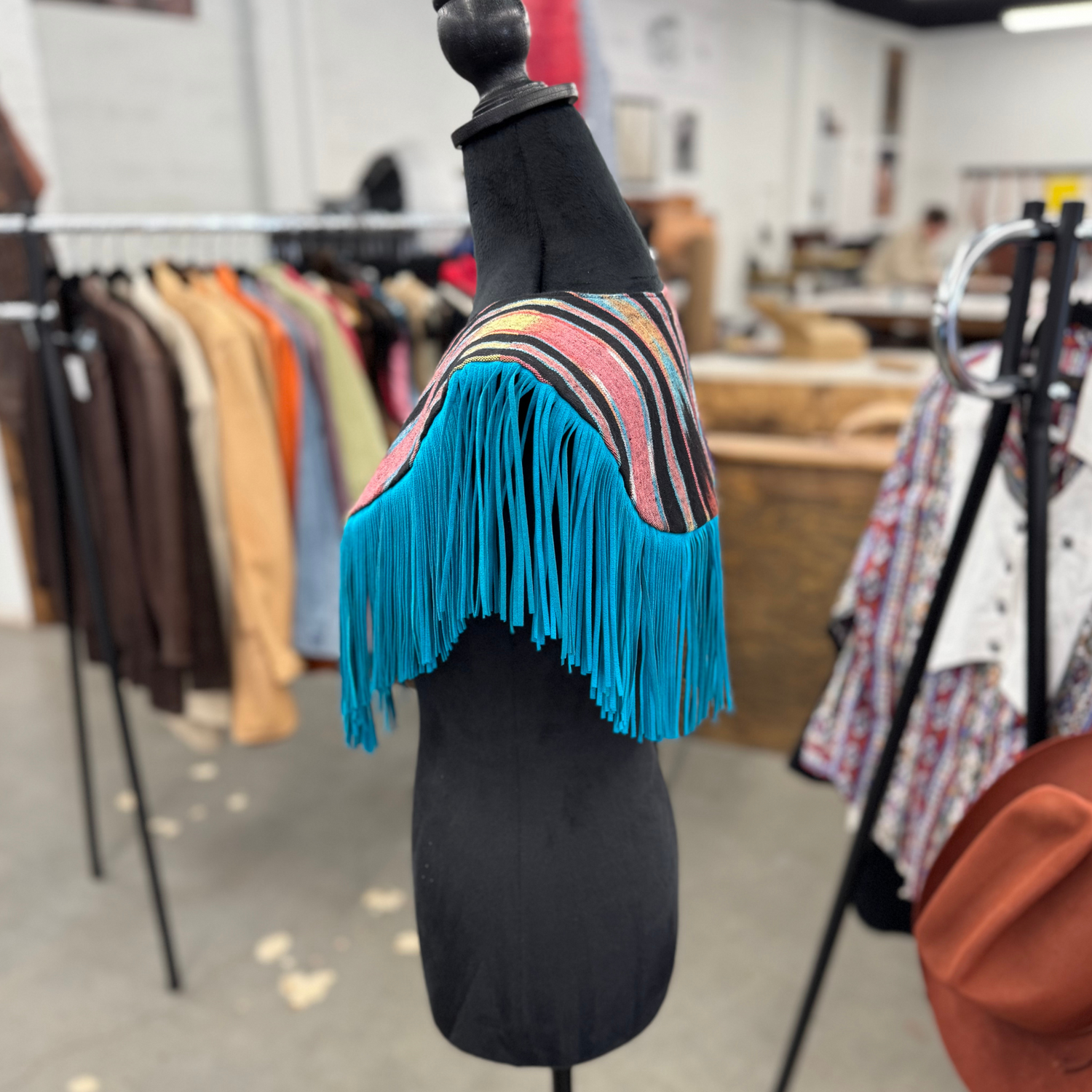 Vintage Fabric & Suede Fringe Turquoise Cape