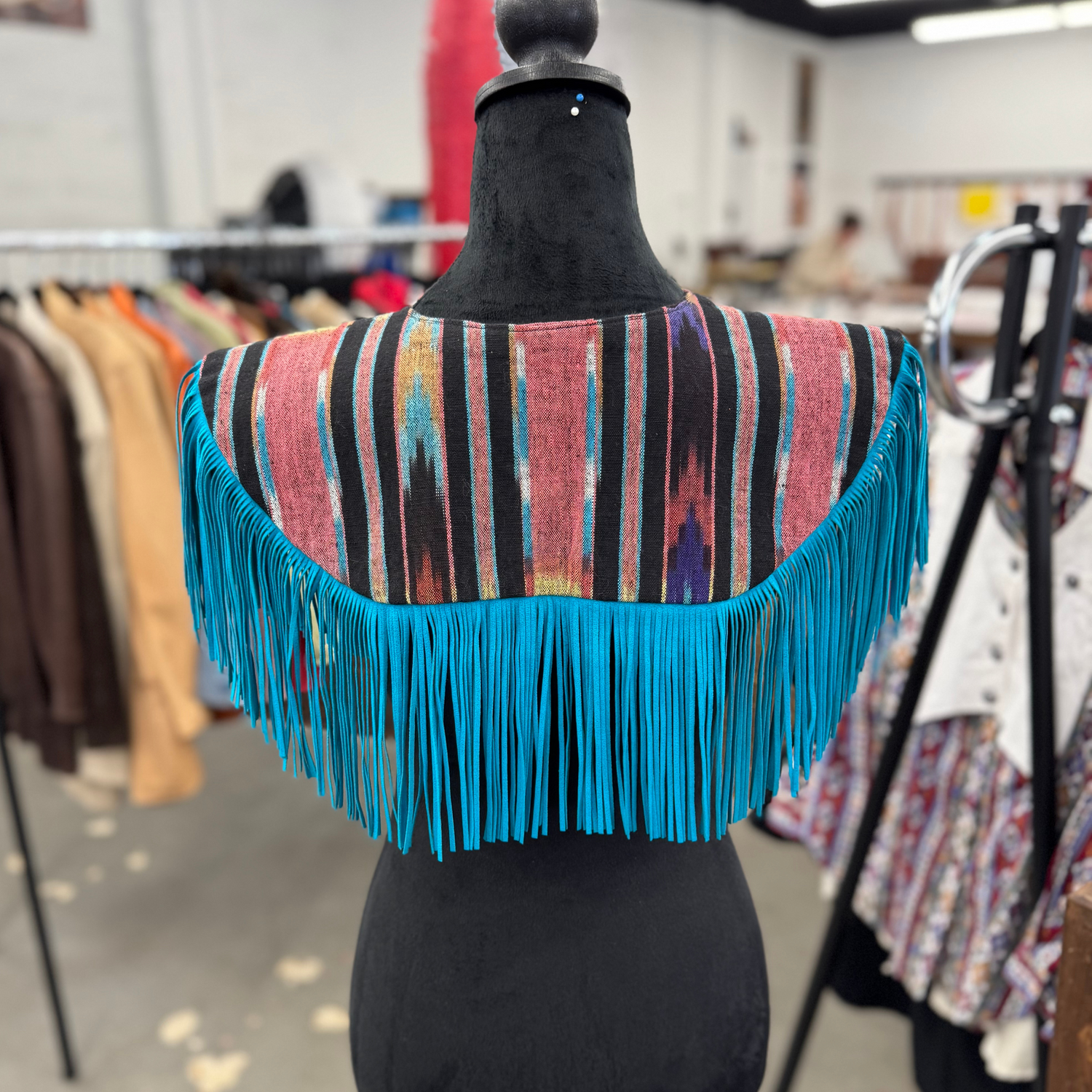 Vintage Fabric & Suede Fringe Turquoise Cape