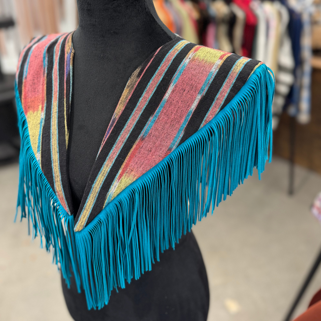 Vintage Fabric & Suede Fringe Turquoise Cape