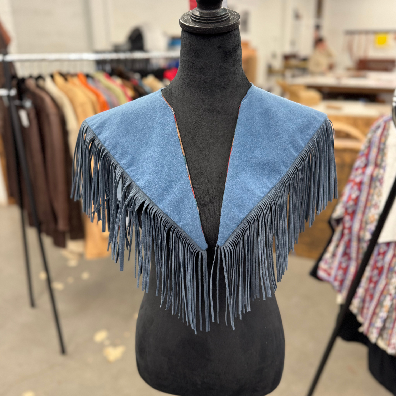Vintage Fabric & Suede Slate Blue Fringe Cape