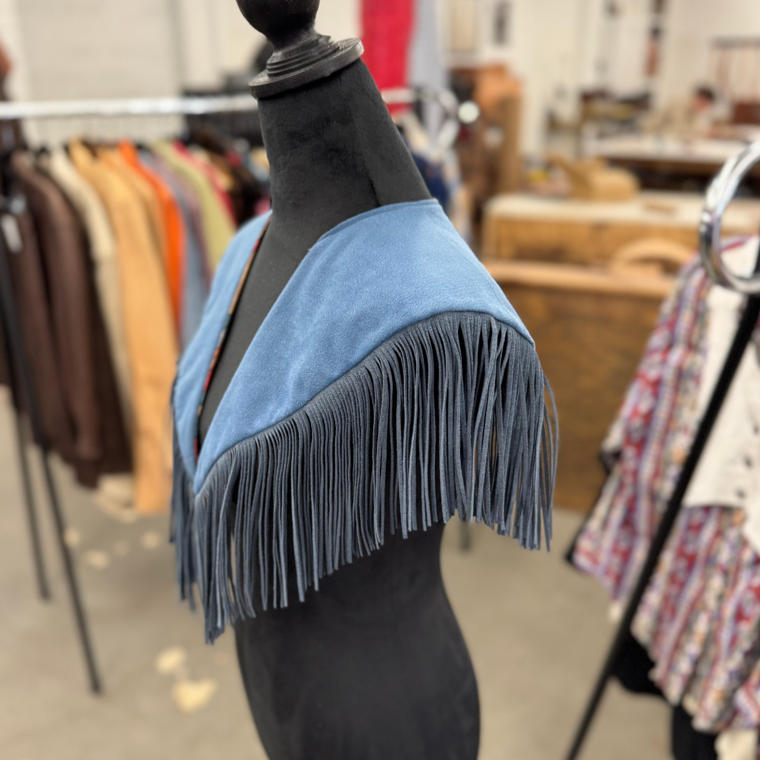 Vintage Fabric & Suede Slate Blue Fringe Cape