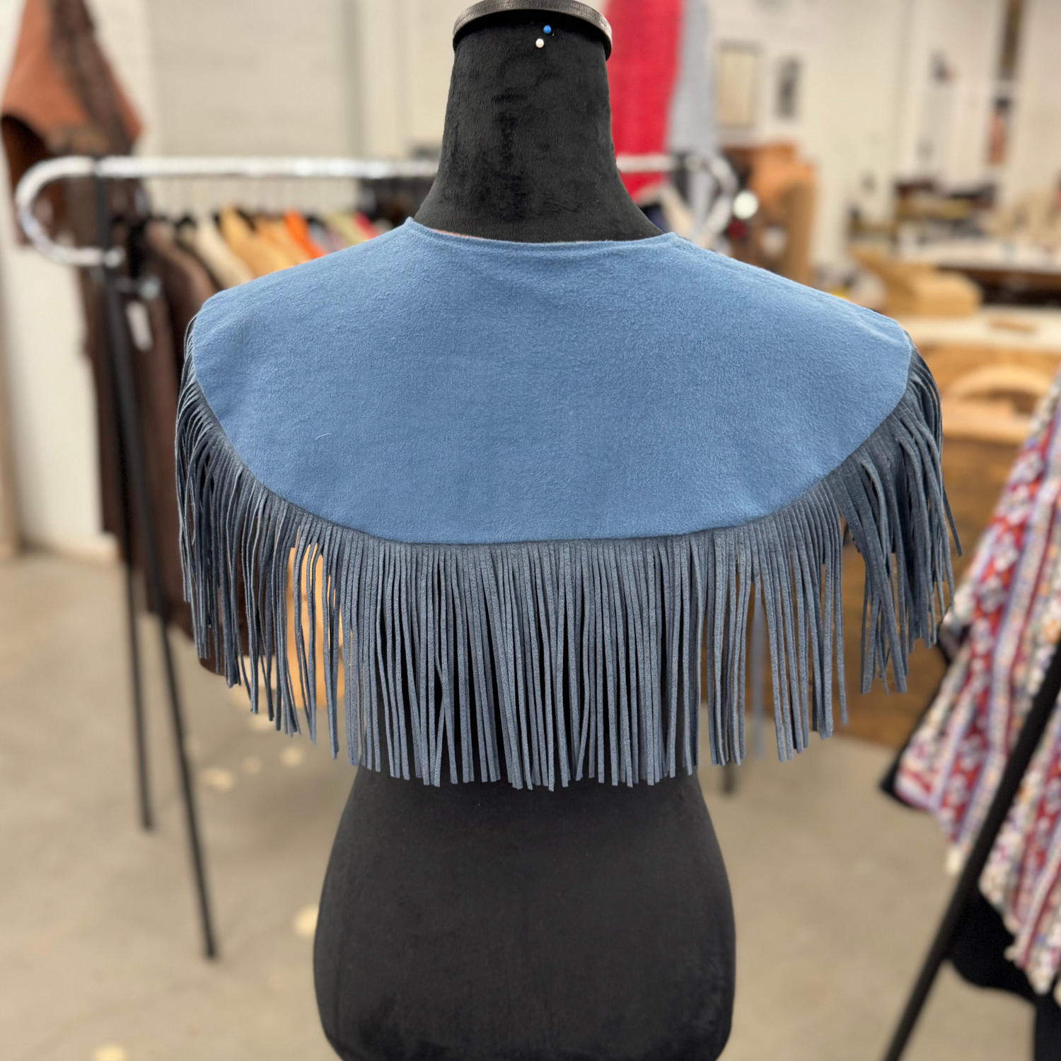 Vintage Fabric & Suede Slate Blue Fringe Cape